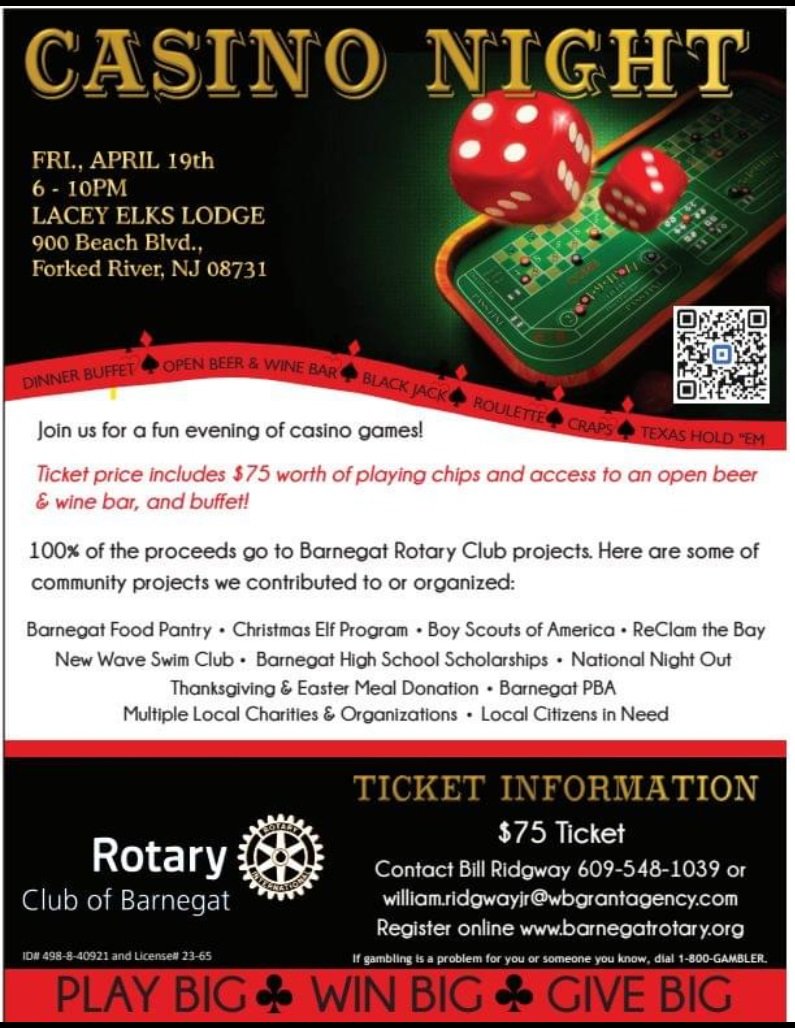 Fri April 19th at the Lacey NJ Elks Lodge from 6pm. Barnegat Rotary hosting casino night! Local fun and games.. check flyer for details. #karenstryker #jerseyshore @kstrykerlbi