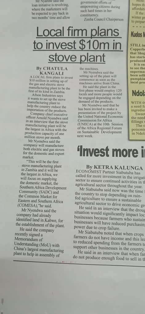 Today's Times of zambia 19th April 2024 the first Stove Manufacturing facility Factor plant coming to Zambia.🇿🇲
Congratulations to AFNON and our partner team.