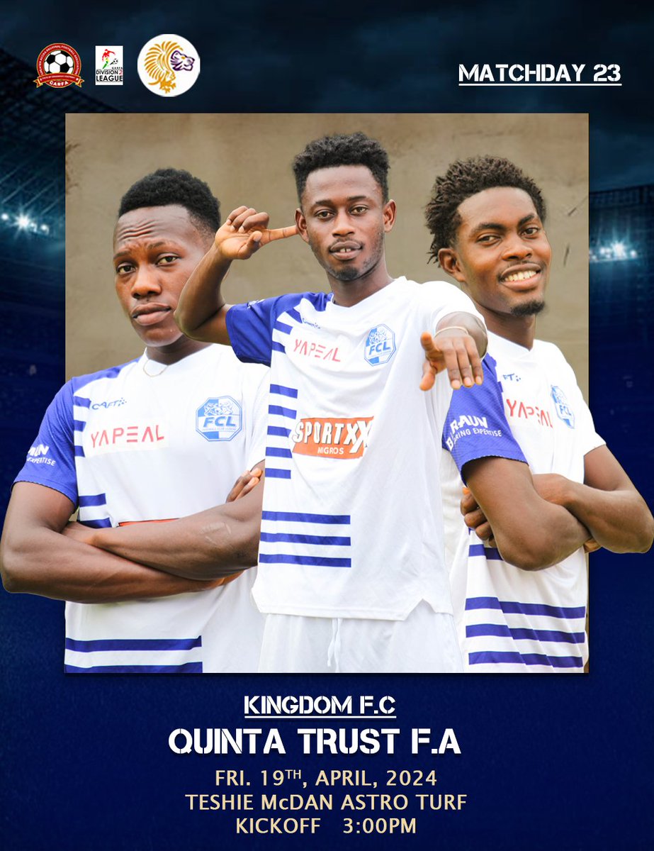 _QuintaTrust's tweet photo. ⚡M A T C H D A Y 2️⃣3️⃣⚡🦁🦅
🏆  GARFA DIVISION II LEAGUE
🆚️  KINGDOM FC
📆  Friday, April 19 , 2024
🕒  3pm
☀️  Weather
🏟️  Teshie McDan Astro Turf📍 
#LetsGoGriffins 🔥🌌⚽ #ReBirthSzn
#Development #Winning #PurposeDriven
#WeAreQuintaTrust https://t.co/3Se5GTyuq0