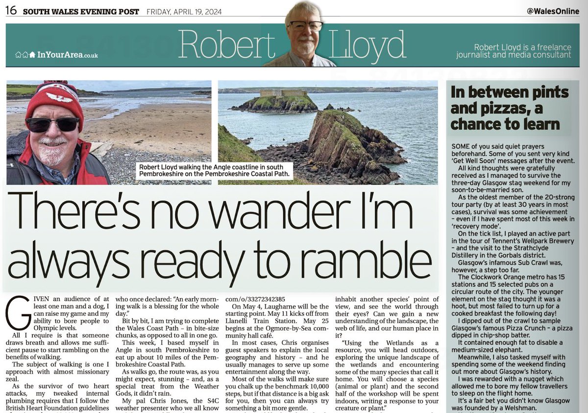 This chap @rlloydpr has his weekly column in the South Wales Evening Post today. This week, he’s singing the praises of walking - and he's got a Glasgow Welsh fact!  #Swansea #Llanelli #Neath #PortTalbot #Gorseinon #Carmarthen #SupportYourLocalPaper #buyapaper