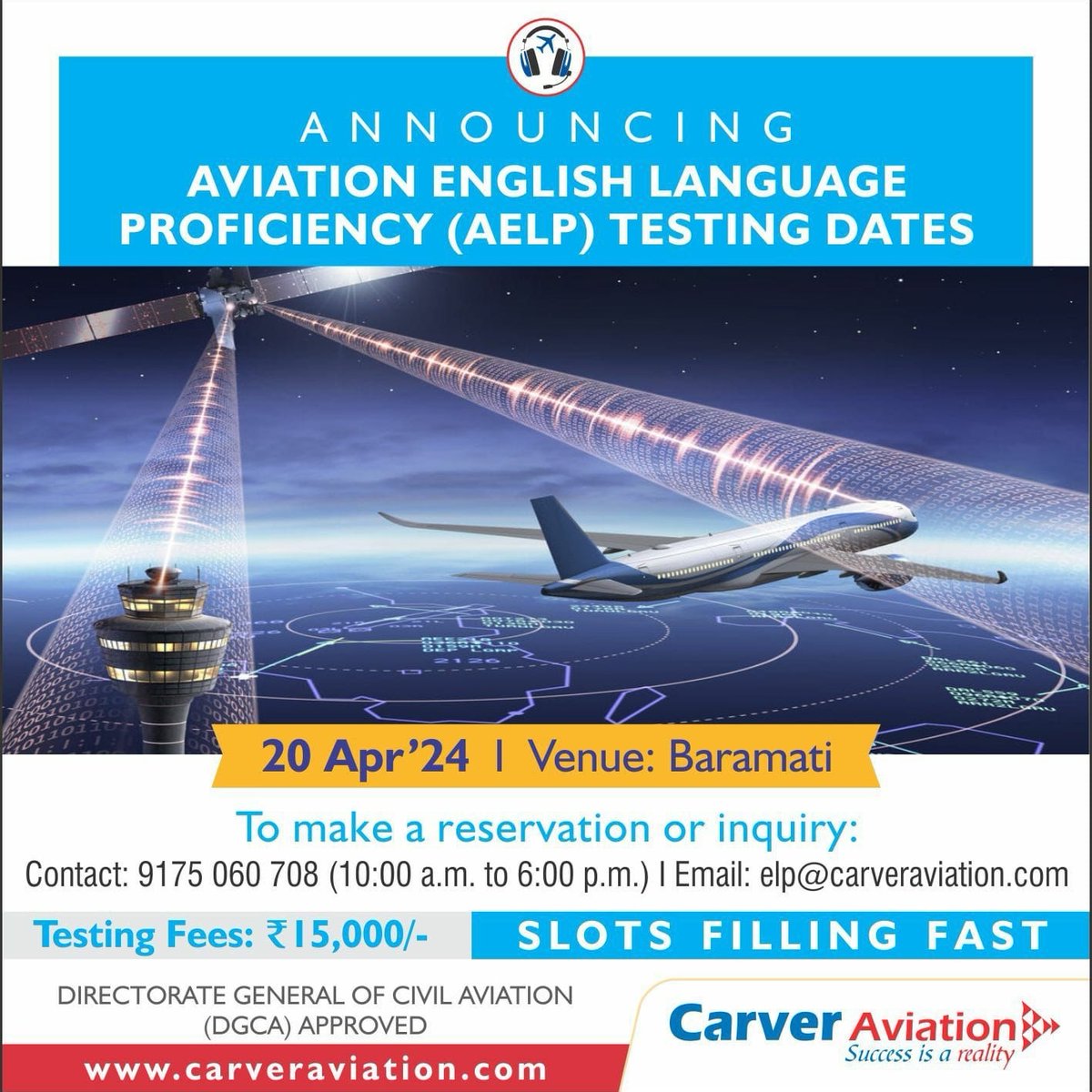 Carver Aviation, Baramati calling! 🙋🏻‍♀️

_*AELP Testing for ab-initio pilots & those needing renewals….!

Limited seats which fill up quickly - so do hurry & book your slot!

Call now to know more : 9175060708

#AELPtesting #aelp #CarverAviation #baramatiairport  #registernow