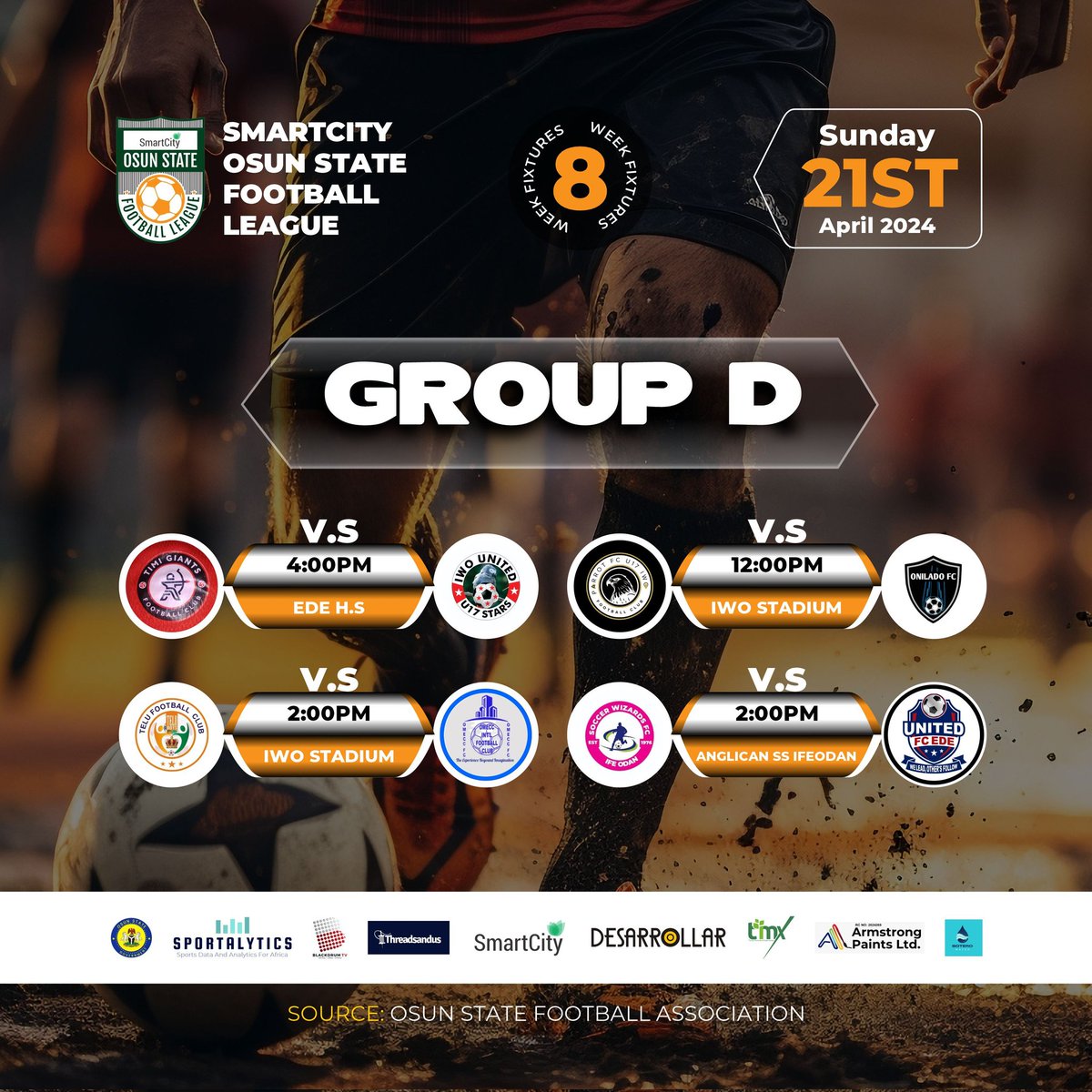Smartcity Osun State Football League
Week 8 fixtures 
Group D
@telufc @OsunFa @SmartCityOSFL