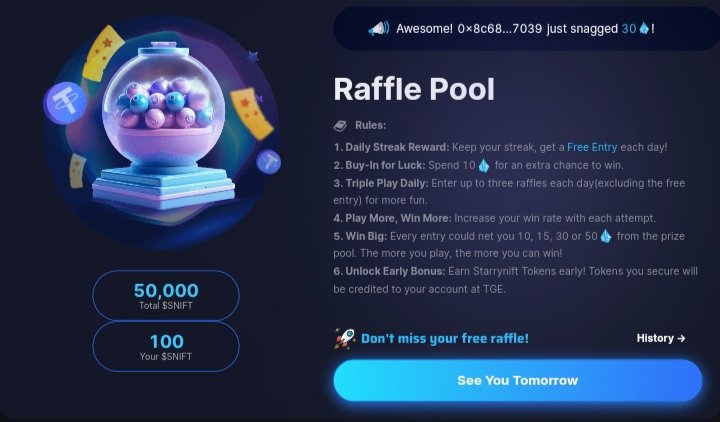 saifulsohan5's tweet photo. Today I am lucky. I got 100 $SNIFT from Raffle.. I was not lucky before..Thank you @StarryNift for change my luck😎.. Something big is coming.. I am very excited.
# #StarrNift $SNIFT https://t.co/tN1swBrtbp