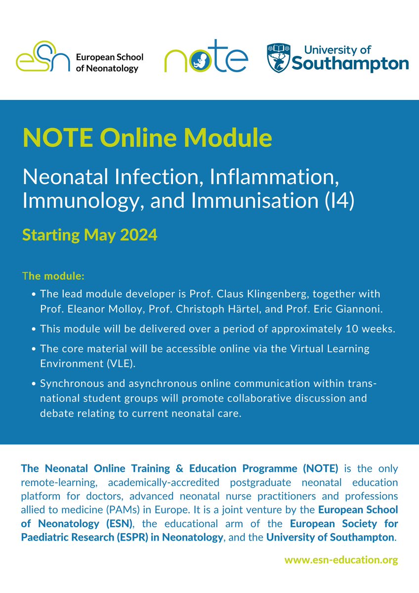 📢The NOTE Online Module 'Neonatal Infection, Inflammation, Immunology, &amp; Immunisation' starts in May 2024! We warmly invite you to sign up for this module - access options as CPD or MSc tracks. More information: bit.ly/3VLFo23 #developingandapplyingresearch