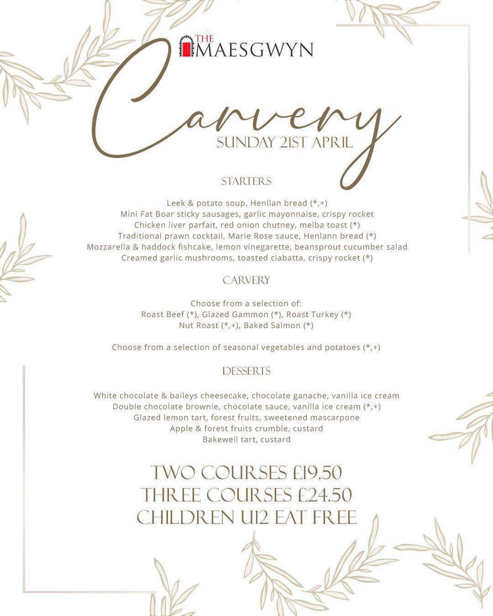 💐 SPRING SUNDAY CARVERY 💐 THIS SUNDAY… KIDS EAT FREE…. 🗓️ 21st April ✅2 courses for £19.50 ✅3 courses for £24.50 ⭐ Kids under 12 EAT FREE ⭐ ✅Tables available 12-4pm (Please note a £10pp deposit is required at time of booking to secure your reservation) BOOK NOW