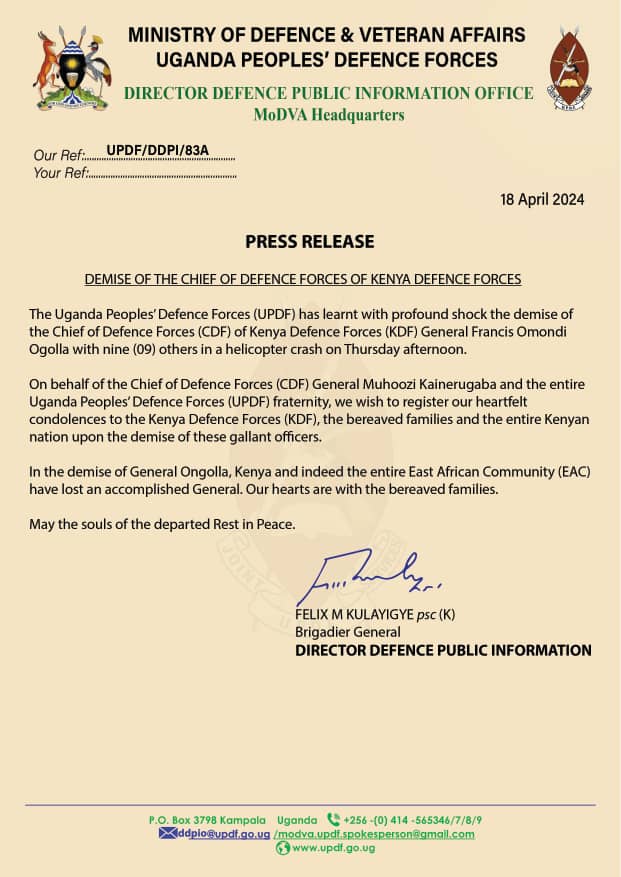 'In the demise of General Ogolla, Kenya and indeed the entire East African Community (EAC) have lost an accomplished General. Our hearts are with the bereaved families.' - Brig. Gen. Felix Kulayigye, Director Defence Public Information