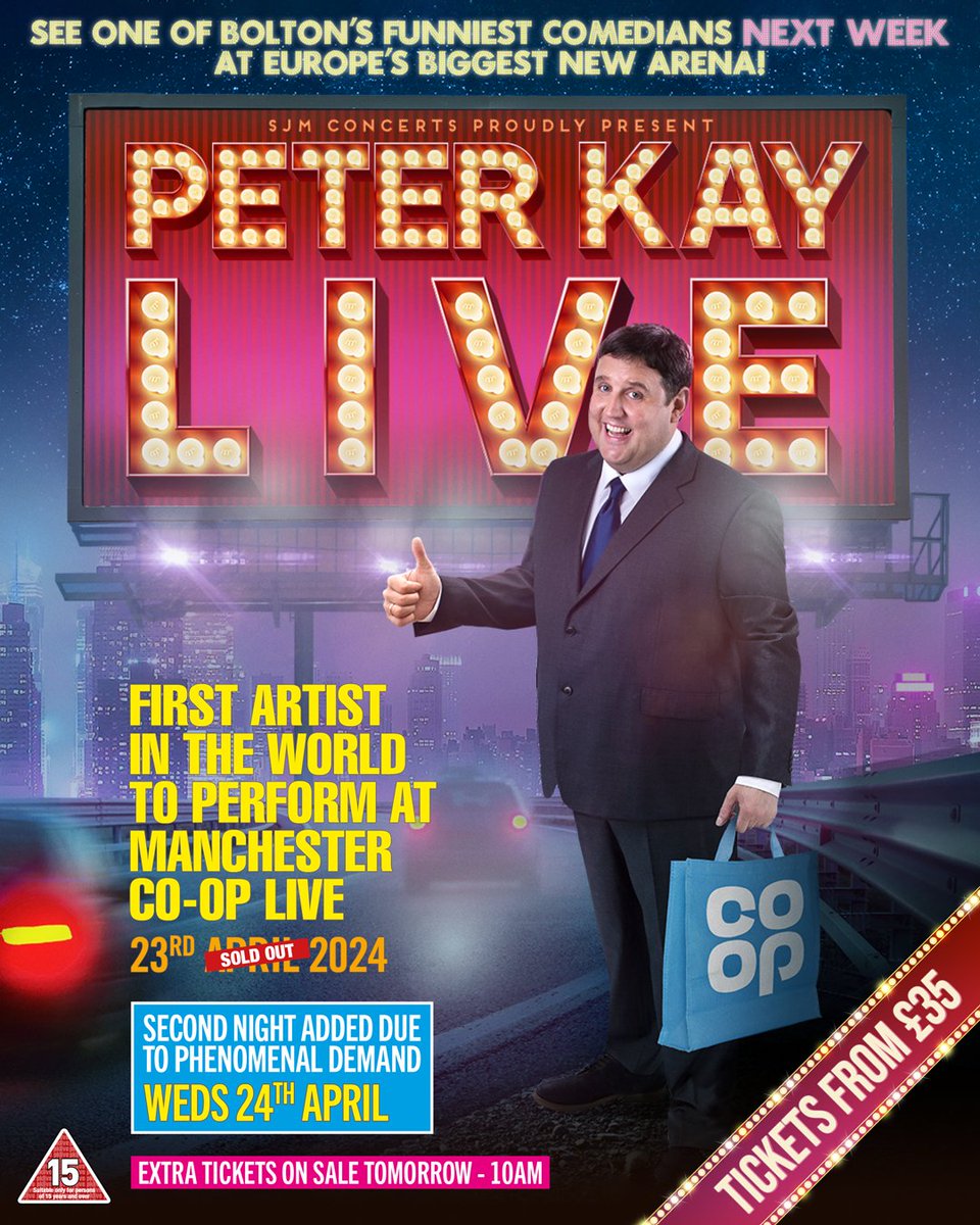 Final extra tickets have been released for Peter Kay’s shows at Co-op Live, the UK’s largest live entertainment arena! Tickets on sale 10am tomorrow at tix.to/PeterKay