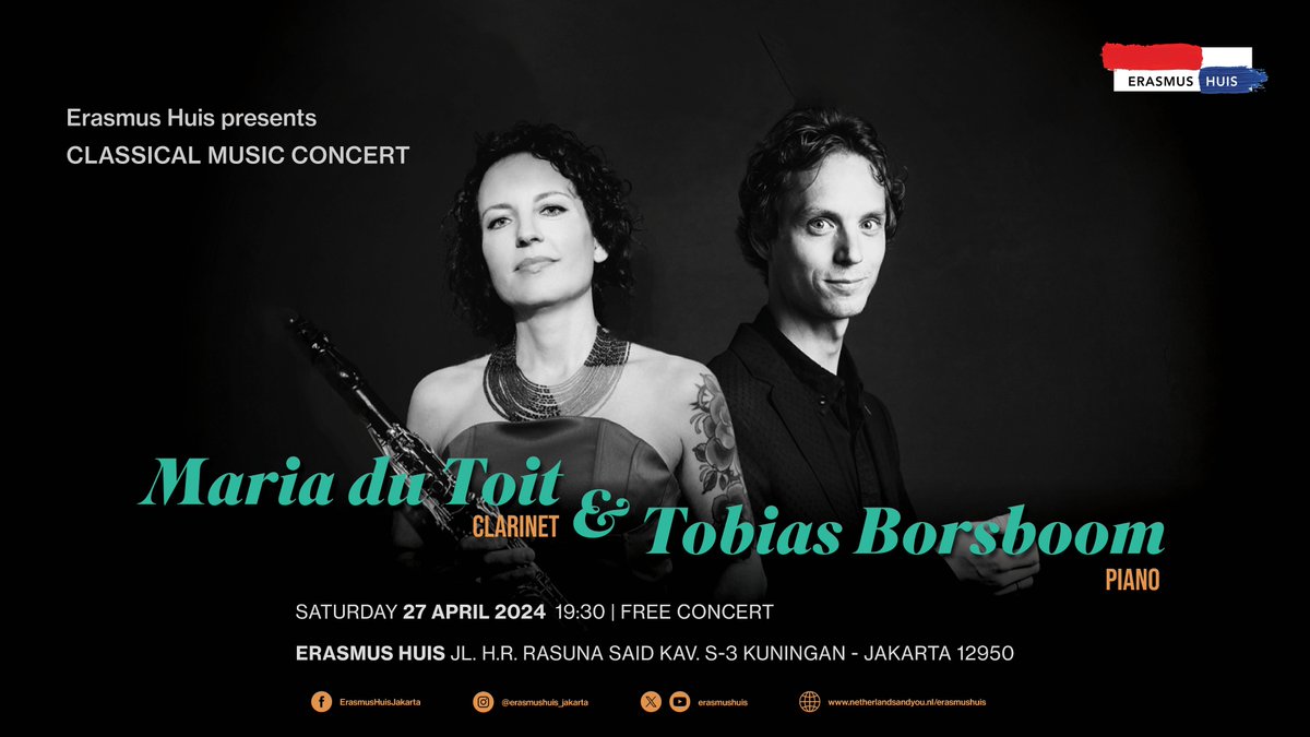 Maria du Toit and Tobias Borsboom Classical Music Concert in Jakarta ✨ 🗓 Saturday, 27 April 2024 🕣 19:30 📍 Erasmus Huis Jl. H.R. Rasuna Said Kav. S-3, Jakarta 🆓 FREE 💻 No registration is required