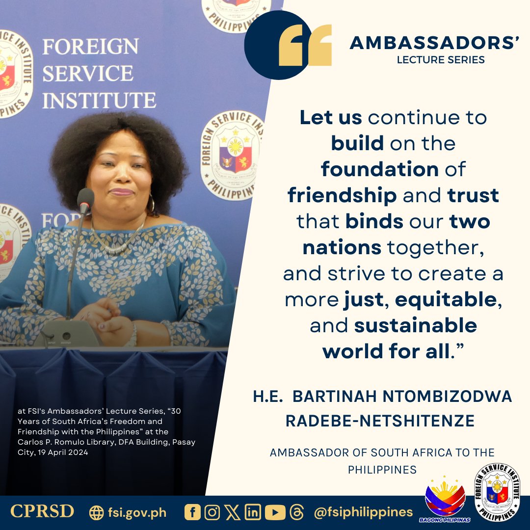 Her Excellency Bartinah Ntombizodwa Radebe-Netshitenze, Ambassador of South Africa to the Philippines, on the future of the Philippines and South Africa bilateral relations. 🇵🇭🤝🇿🇦 Watch the full speech here: facebook.com/fsiphilippines…