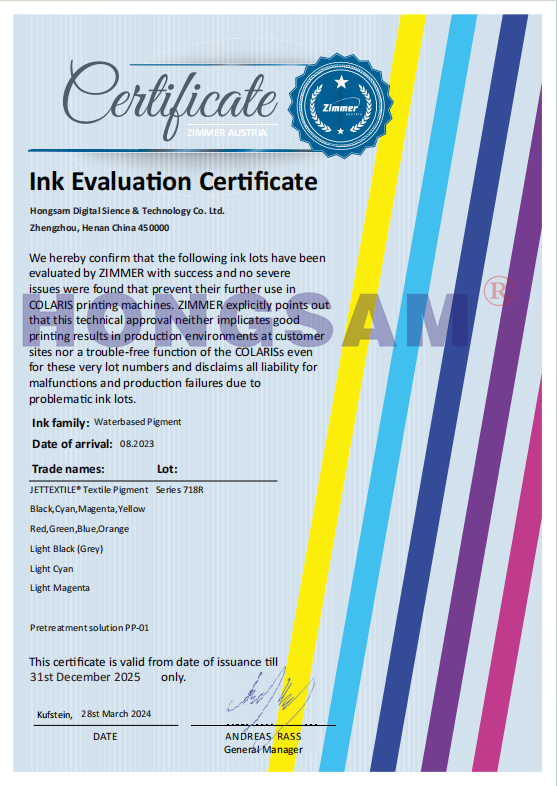 * Congratulations to HONGSAM textile pigment ink certified by ZIMMER
* HONGSAM - high quality textile printing inks manufacturer for 23 years
* Contact for more: wa.me/8618903829880
#textileprinting #textileink #digitalprinting #digitalprinter