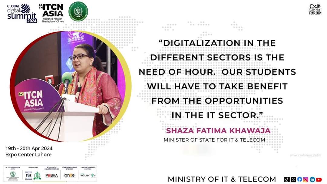 Minister of State for IT and Telecommunication Ms.Shaza Fatima Khawaja addressing the inaugural ceremony of 'Global Digital Summit' in Lahore on April 19, 2024. @ShazaFK #MOITT #itcnasia24 #InvestInPakistan #cxoglobalforum #digitalsummit2024 @ITCNASIASOCIAL
