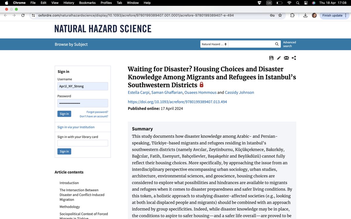 With the aim of Istanbul-based migrants and refugees being able to access safe housing and rethink disaster risk preparedness (Afet Bilinci Eğitimleri), our new article advocates for a holistic-yet social group informed-understanding of disaster knowledge. oxfordre.com/naturalhazards…