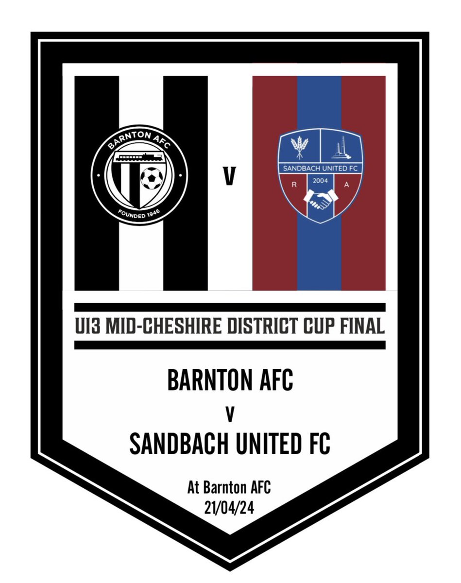 2 days to go………. CUP FINAL 🏆 Mid-Cheshire District Cup Final U13 Barnton Juniors 🆚 Sandbach Utd 📆 Sunday 21st April ⏱10:30ko 🏟@CreativeHutEdu Kitchen open 🥓 🍳 ⚽️⚽️ Let’s get down and support the lads 👍🏻⚽️⚫️⚪️ #oneclub #villagers #FinoAllaFine