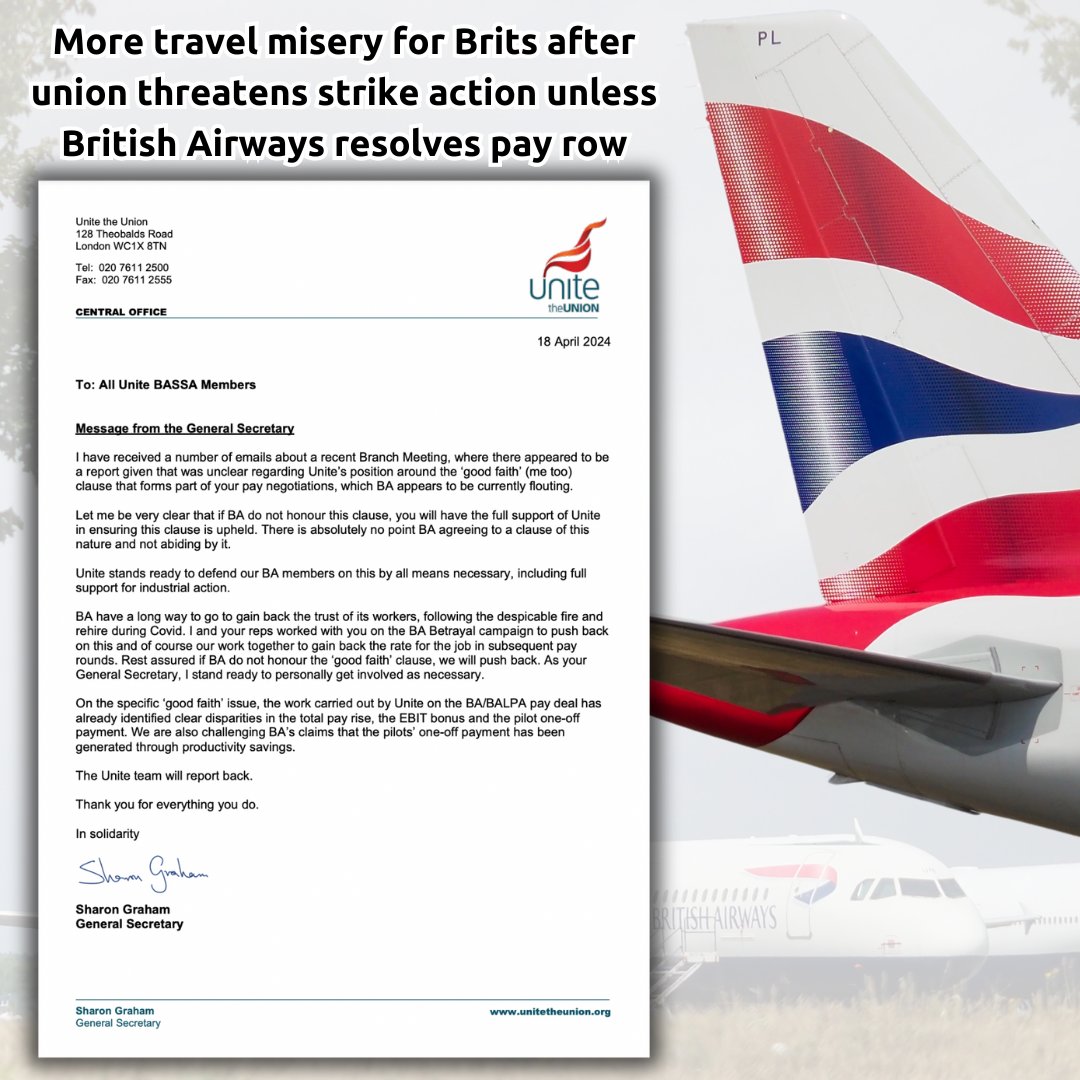 Sharon Graham (@unitesharon) on Twitter photo If <a href="/British_Airways/">British Airways</a> do not honour this clause, our members will have the full support of <a href="/unitetheunion/">Unite the union: join a union</a>. Unite stands ready to defend our BA members on this by all means necessary, including full support for industrial action. <a href="/BASSA_2000/">BASSA</a> #JobsPayConditions ā¤µļø If <a href="/British_Airways/">British Airways</a> do not honour this clause, our members will have the full support of <a href="/unitetheunion/">Unite the union: join a union</a>. Unite stands ready to defend our BA members on this by all means necessary, including full support for industrial action. <a href="/BASSA_2000/">BASSA</a> #JobsPayConditions ⤵ļø