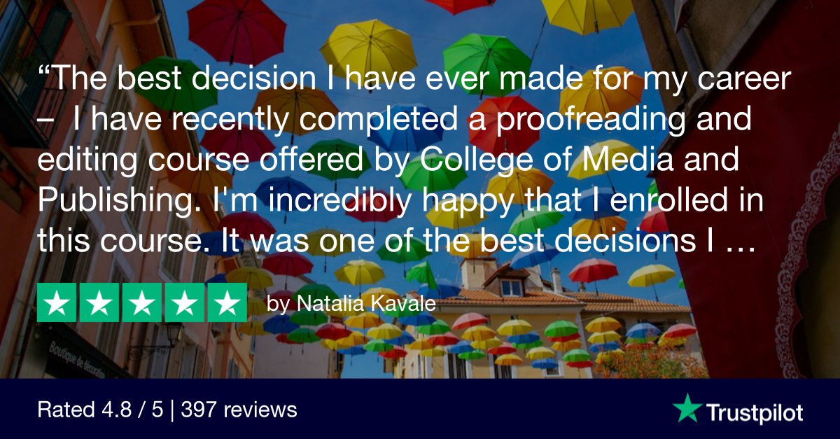 Let our #proofreading and #editing learners tell you what they thought of our course: collegeofmediaandpublishing.co.uk/proofreading-e… #LearnOnline #OnlineCollege #CMP_learning_online #CMP_reviews #studentreview ⭐⭐⭐⭐⭐ 🥇 ✔️ #TP #5*Rated