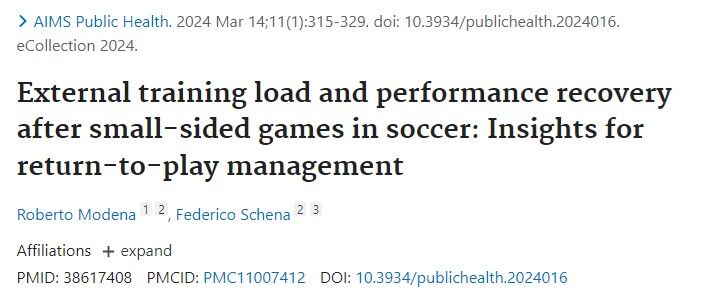 Modena & Schena (2024) investigated the effect of 3v3 & 6v6 on performance. 6v6s led to greater high-speed running distance compared to 3v3s. This will require more recovery time &should be considered when periodizing SSGs. #soccerscience #SSGs #Recovery #football #performance