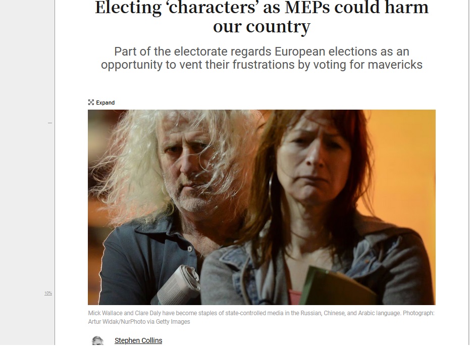 Irish Times pleads with its readers not to vote for Mick Wallace or Clare Daly in #EP2024 but to again vote for FF Billy Kelleher who keeps 'hitting the nail on the head' with his ideas. Among Mick, Clare (and Ming) sins, as judged by Irish Times, is 'criticism of Nato'...