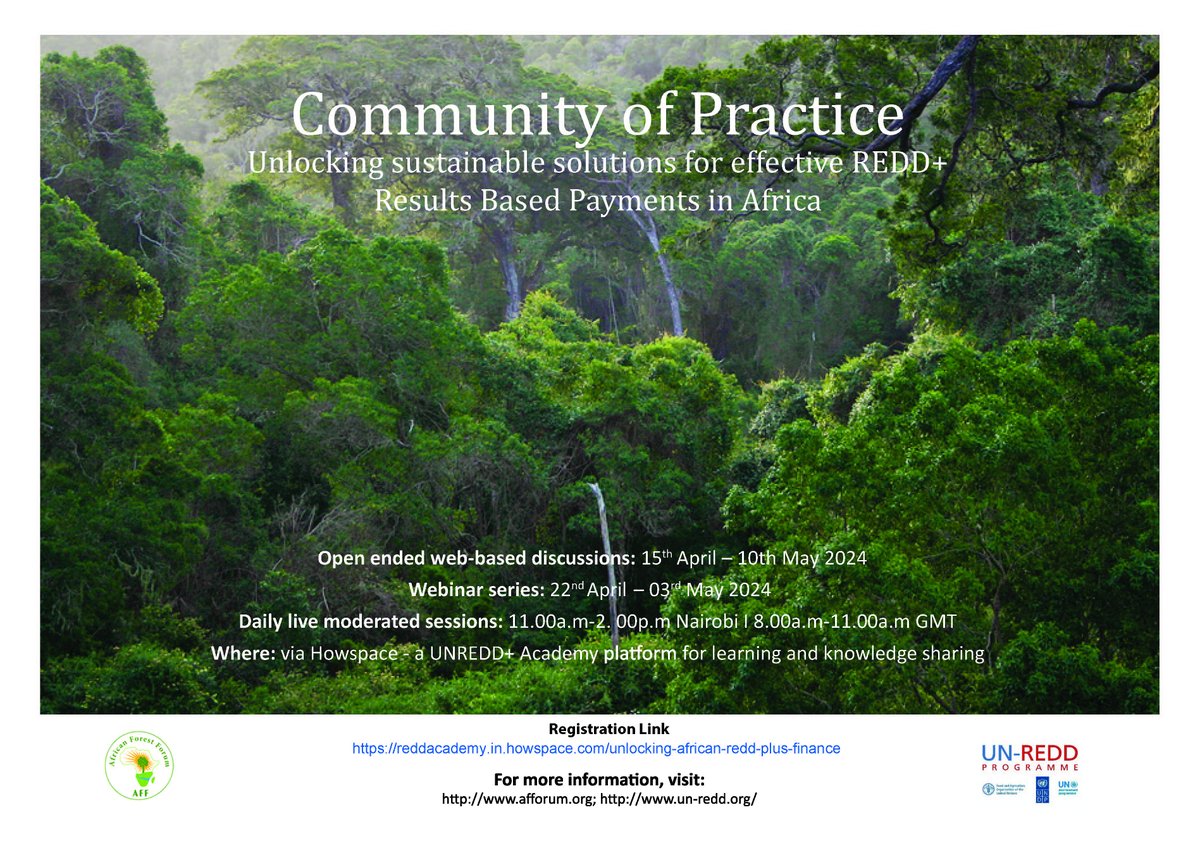 📢 Join us for the below webinar to learn more on #naturebasedsolutions and #REDD+ in Africa! 📅 Monday 22nd April 2024 🕒11.00AM – 2.00PM, EAT 🔗 reddacademy.in.howspace.com/webinar-22-apr… #SaveForestsNow @africanff