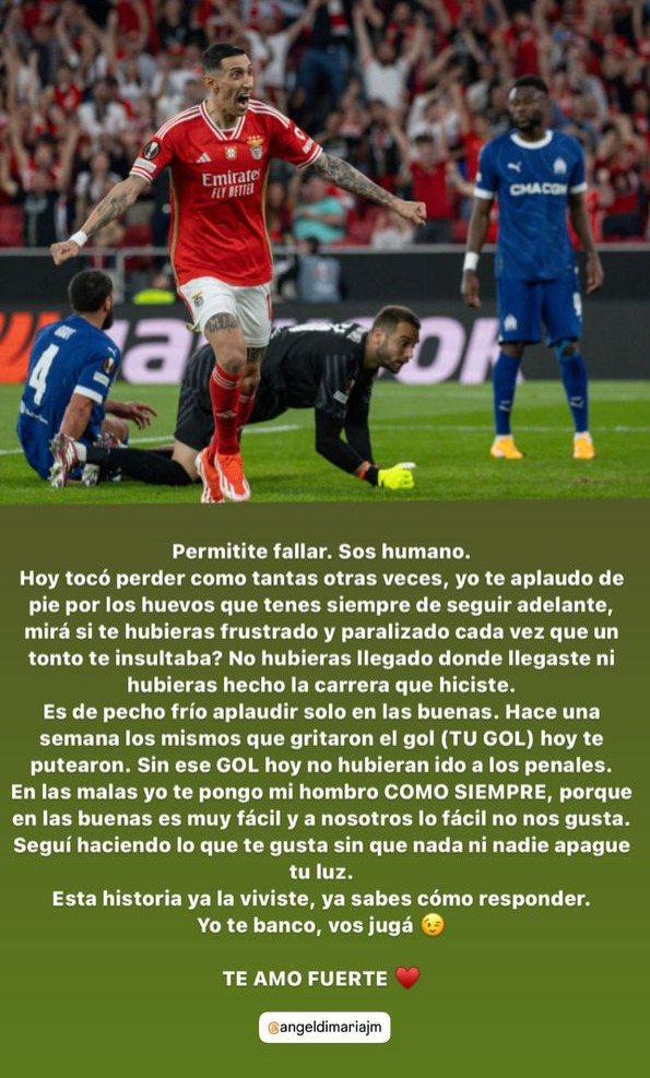 CabineSport's tweet photo. Mulher de Di María: "Sem o teu golo, não tinham ido aos penáltis"

"Os que festejaram o teu golo, hoje assobiaram-te." https://t.co/w2w5ahgglp
