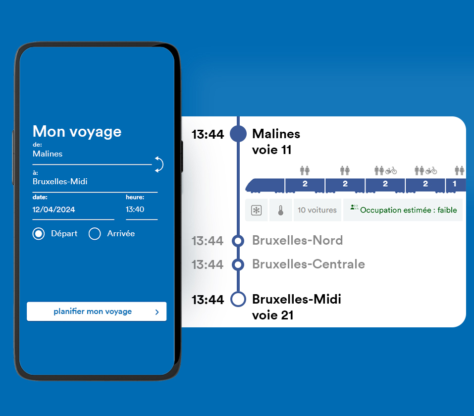 SNCB's tweet photo. #Nouveauté ! Notre planificateur de voyages affiche désormais la composition du train !

Avant l’arrivée de votre train vous saurez où se trouve la voiture🚲 ou la 1️⃣ et s’il y a de la climatisation.

D’abord dispo sur le site, cette fonction sera bientôt ajoutée à l'app #SNCB. https://t.co/30TEIYgxrr