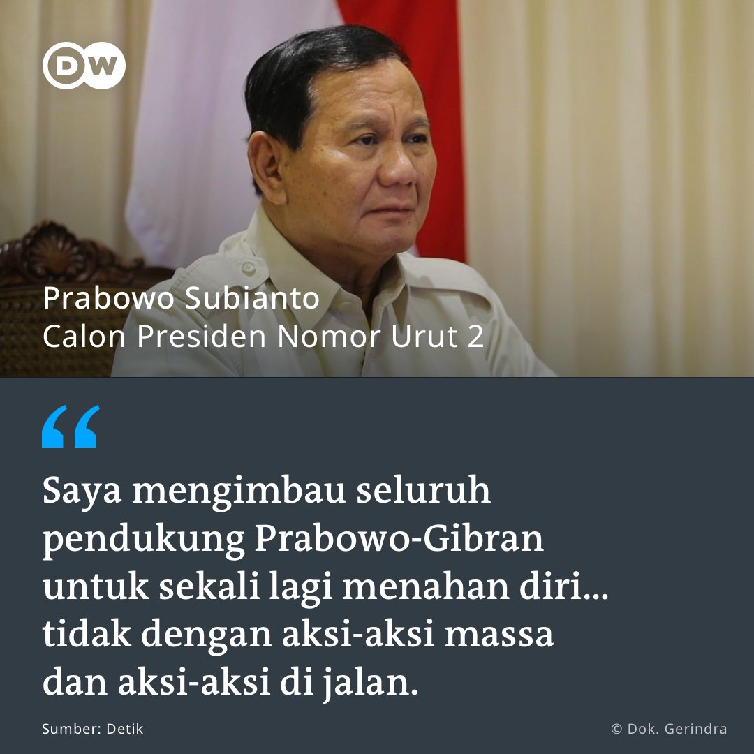 Prabowo Subianto memberikan arahan ke pendukungnya untuk tidak melakukan aksi di depan Gedung Mahkamah Konstitusi (MK) hari ini (19/04). 'Saudara-saudara sekalian, saya Prabowo Subianto meminta dengan sungguh-sungguh kepada seluruh masyarakat Indonesia, khususnya 96,2 juta…