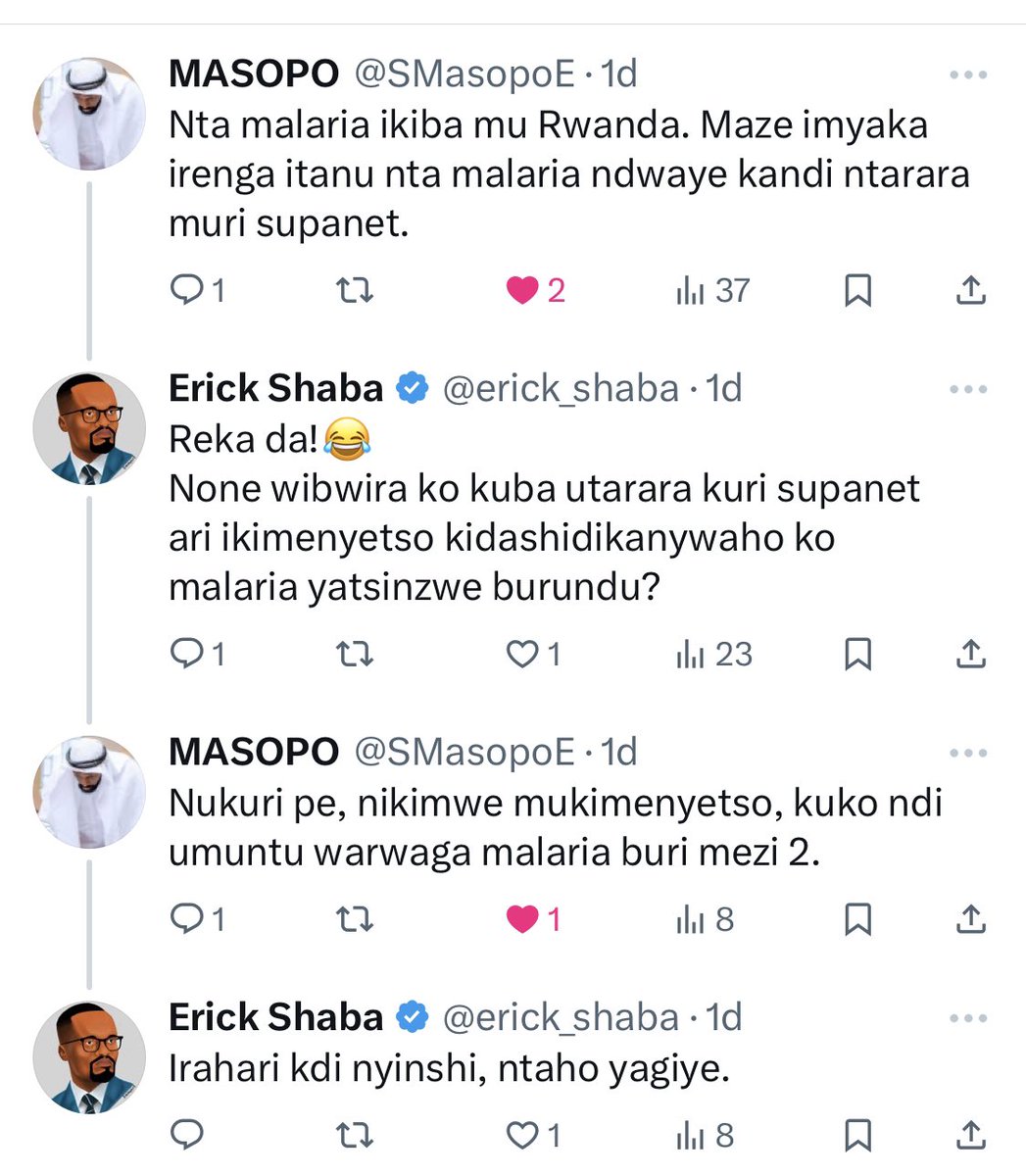 Mwaramutseho? Hari umujene uherutse kumbwira kuri X ko malaria yarandutse burundu ngo kuko yateye ishoti supaneti, kandi ngo nta malaria yongeye kurwara. Nyamara imibare itangwa na RBC igaragaza ko abarwaye iyo ndwara bakajya kuyivuza muri 2023 ari ibihumbi 621, abagera kuri 51