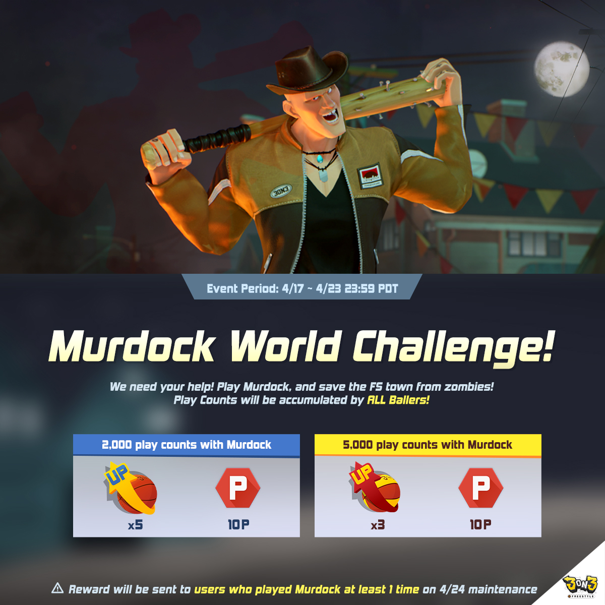 The ultimate battle for FS Town is here! Join the Murdock World Challenge and fight off the zombie invasion! Play Murdock to save the day, and every play counts towards victory! 

Hurry, event ends 04/23! 

#videogame #StreetBasketball #3on3freestyle