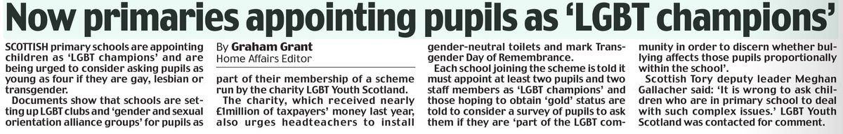 Scottish primary schools are appointing children as ‘LGBT champions’ to ask pupils as young as 4 if they are gay, lesbian or transgender. All funded by the SNP Scottish Government. Have you had enough of this disgusting nonsense yet?