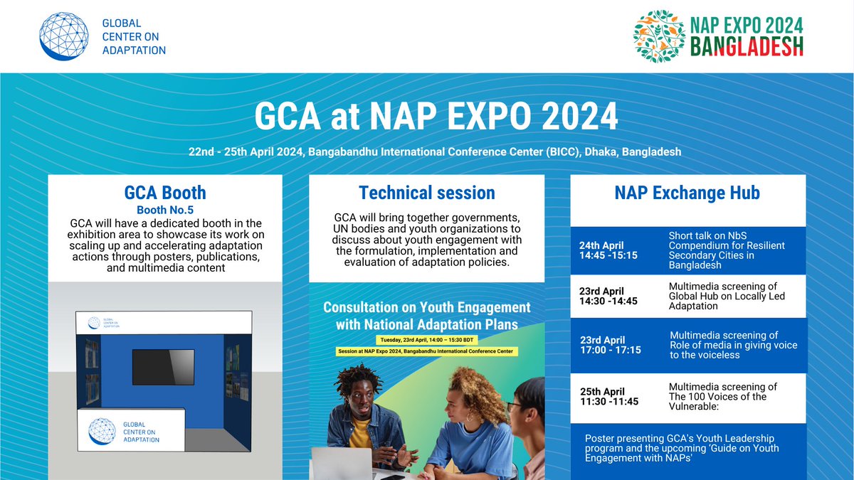 Meet us at #NAPExpo2024 at GCA Booth (Booth No.5) in Dhaka Bangladesh! We will showcase our work on scaling up and accelerating #climateadaptation action through multimedia content and technical sessions. 📅 22nd -25th April 2025 📍BICC, Dhaka, Bangladesh