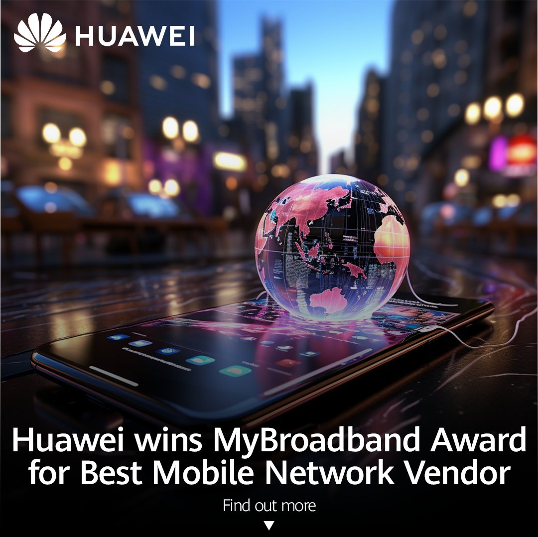 Huawei clinches the 2024 MyBroadband Award for Best Mobile Network Vendor in SA! Recognized for its reliable connectivity solutions and hardware, it outshines other solution providers, particularly in 5G technology: bit.ly/49dAaPQ #5GinAfrica #HuaweiTech.
