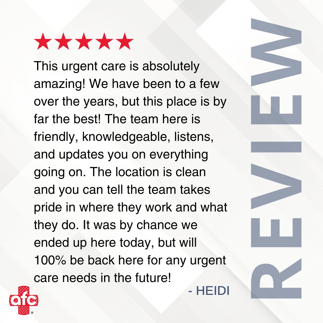 🏥🗣️ Heidi, your kind review fills our hearts with even more love and passion for what we do! Thank you for inspiring us to continue doing what we love—taking care of our community! #AFCUrgentCare #SuffolkVA #AFCSuffolk #AFCCares #TheRightCareRightNow