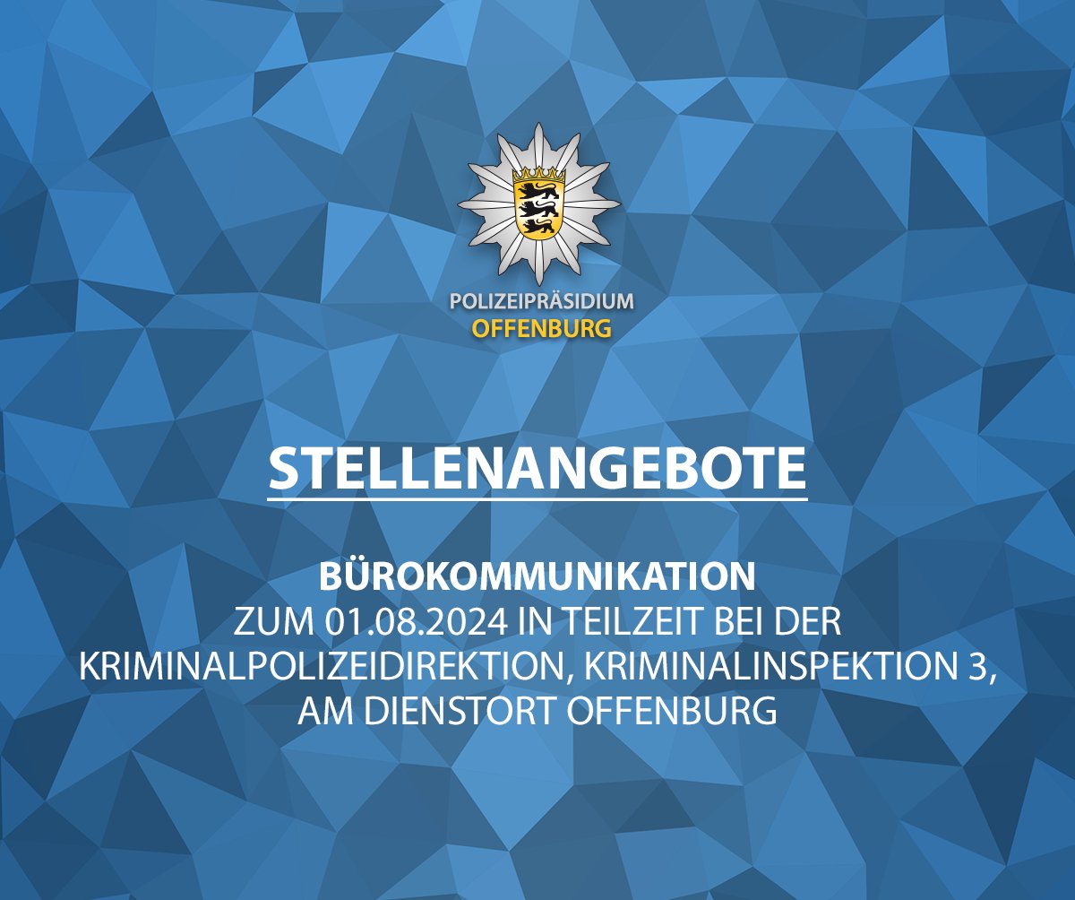 Wir suchen Sie (w/m/d) bei der Kriminalpolizeidirektion, Kriminalinspektion 3, am Dienstort Offenburg im Bereich der Bürokommunikation zum 01.08.2024 in Teilzeit mit einem Beschäftigungsumfang von 60%. ➡️ ppoffenburg.polizei-bw.de/stellenangebot…