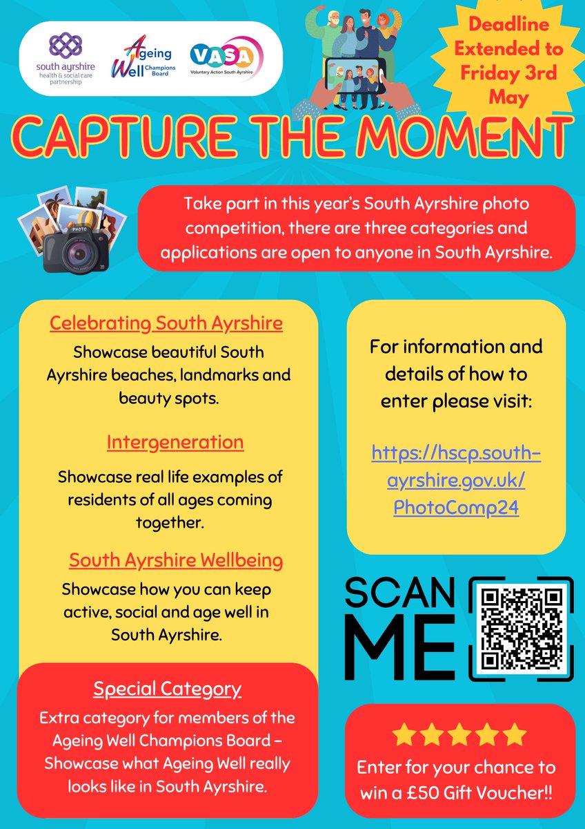 📢 Deadline extended! - Share your photos for a change to win a prize! 📱🤳

Whether you are out in our community with your camera/phone or looking through your camera roll, we want to see your photos! 💜 

For full details on how to take part visit: hscp.south-ayrshire.gov.uk/PhotoComp24