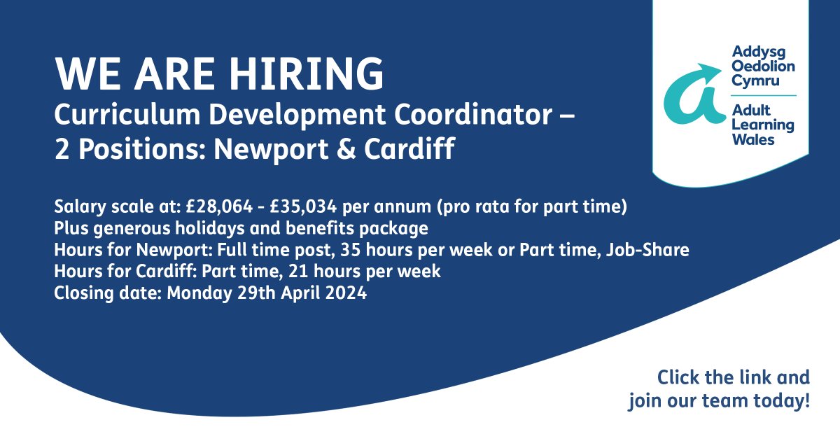 We are hiring! adultlearning.wales/en/jobs/ #adultlearningwales #jobs #job #wales #hiring #recruiting #work #CurriculumDevelopmentCoordinator #Newport #Cardiff