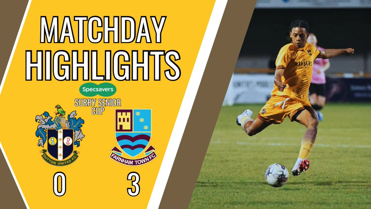 HIGHLIGHTS <a href="/suttonunited/">Sutton United</a> vs <a href="/FarnhamTownFC/">Farnham Town FC</a> 18/04/24 <a href="/surreyfa/">Surrey FA</a> Senior Cup

📺🔗 youtu.be/EyqVhWCkMfc?si… 

Camera Operators 🎥 <a href="/OSmart33/">Oliver_Smart33</a> &amp; <a href="/JamesJGBoard/">James Board</a> 
Editor 🖥️ <a href="/JamesJGBoard/">James Board</a> 
Photographer 📸 <a href="/paulloughlin/">Paul Loughlin</a>
