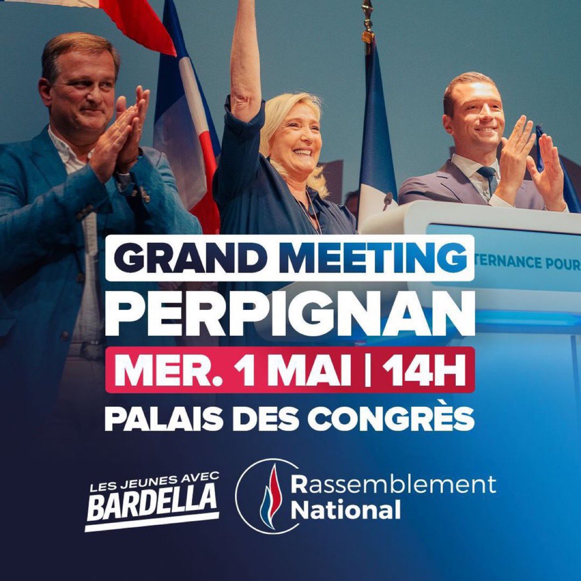 🔵⚪️🔴 Le 1er mai, #TousAPerpignan ! Rendez-vous, avec @MLP_officiel et @J_Bardella 😉 📍Palais des Congrès de #Perpignan à 14h00 #VivementLe9Juin ▶️ Inscriptions : urlz.fr/qhQz