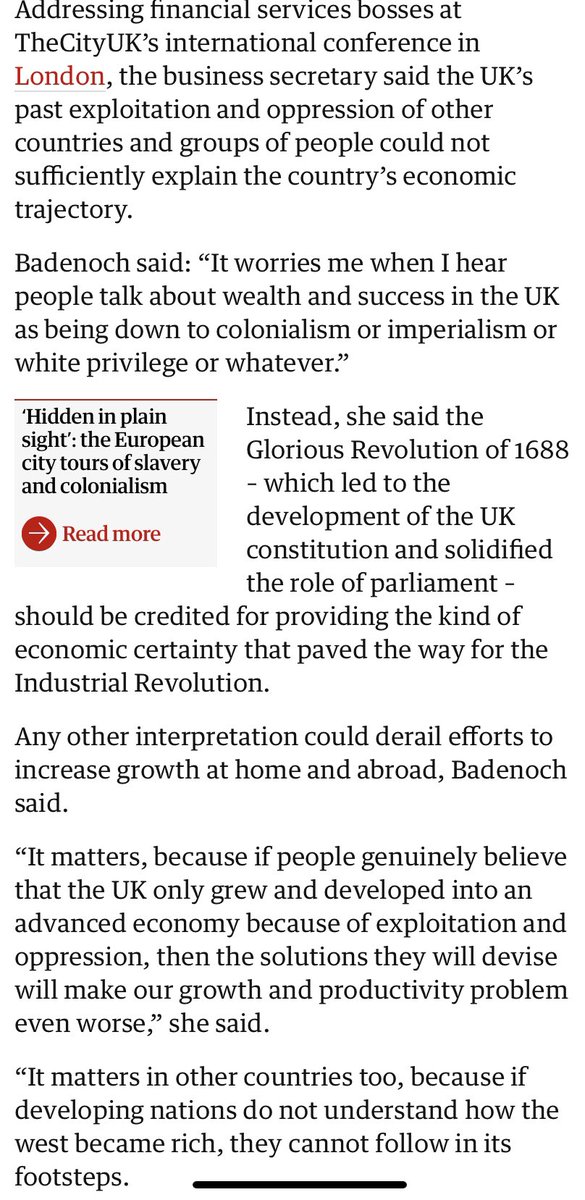 Lots to unpick in @KemiBadenoch’s latest attempt to deny the effects of colonialism. Let’s start with where I and other academic specialists agree with her: colonial exploitation does not ‘sufficiently explain’ Britain’s economic trajectory. Most historians would say this is