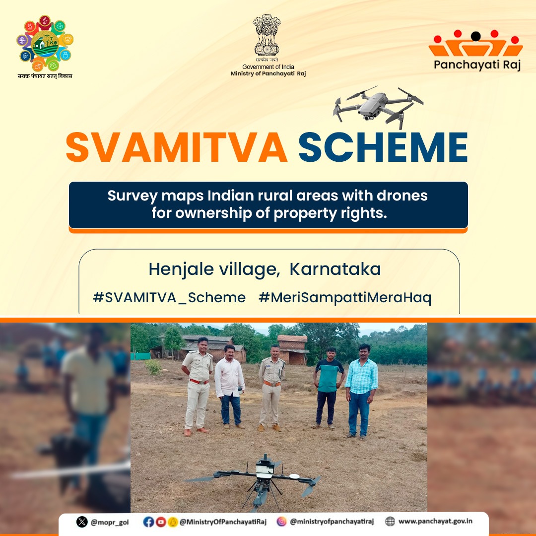 #DroneFlying has begun under #SVAMITVA_Scheme in #Henjale village of #Uttara Kannada district, #Karnataka. This initiative aids in updating property records in property tax registers for inhabited areas of rural India. #स्वामित्व_योजना #MeriSampattiMeraHaq