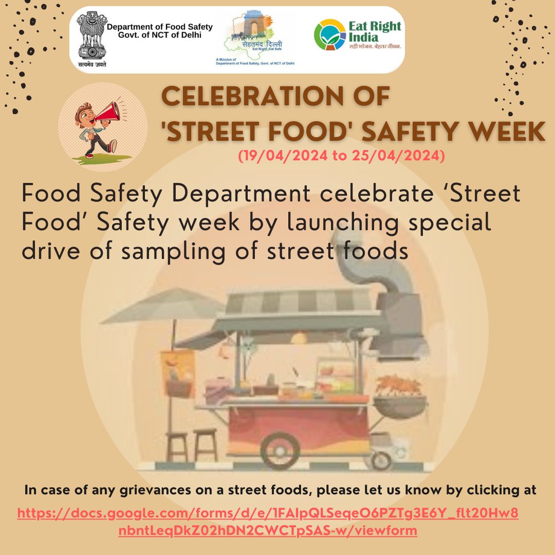Department announce to celebrate Street Food Safety Week and launched a special drive of sampling of street foods. In case of any grievances on street foods please let us know at 
docs.google.com/forms/d/e/1FAI…
<a href="/NehaBansal31/">Neha Bansal 🇮🇳</a> <a href="/fssaiindia/">FSSAI</a> <a href="/KumarAshok0810/">Ashok Kumar</a>