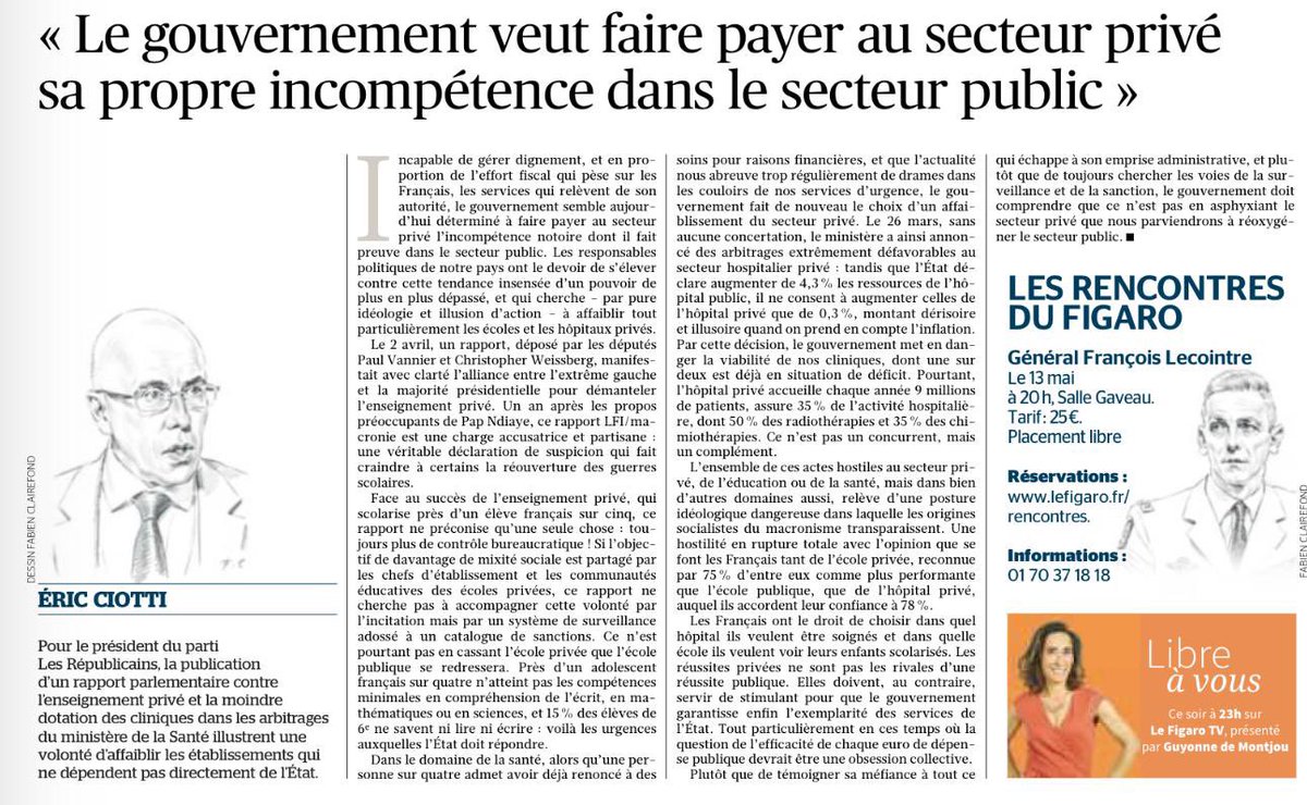 Le gouvernement veut faire payer au secteur privé ses incompétences notoires dont il fait preuve dans le secteur public. Les Français ont le droit de choisir dans quel hôpital ils se soignent et dans quelle école ils scolarisent leurs enfants ! Ma tribune dans @Le_Figaro ⬇️⬇️