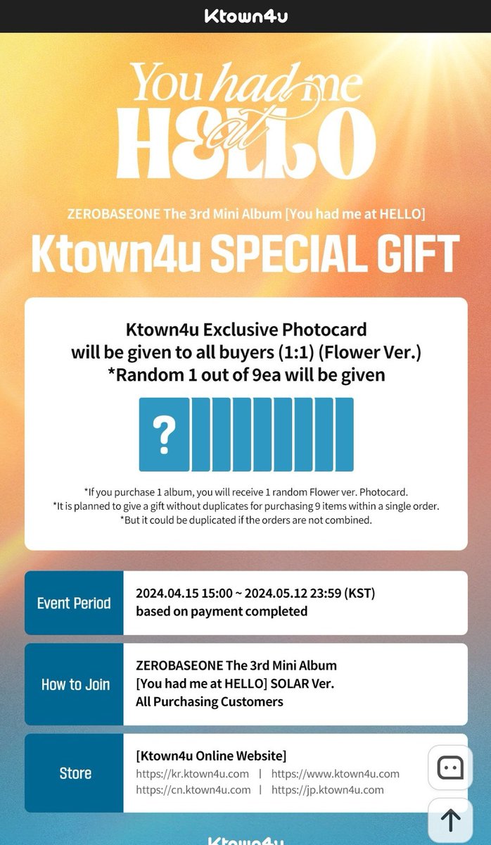 @Ktown4u_com X ZEROBASEONE GLOBAL UNION 📀 ZEROBASEONE - 3rd Mini Album [You had me at HELLO] 🌟 Up to 35% Discount ⏰ Application Period : Refer to the link 🎁 Applicant Gift : Ktown4u Exclusive Photocard 🛒 FC LINK➡️ tinyurl.com/vpke84zt #ZB1 #ZEROBASEONE #제로베이스원