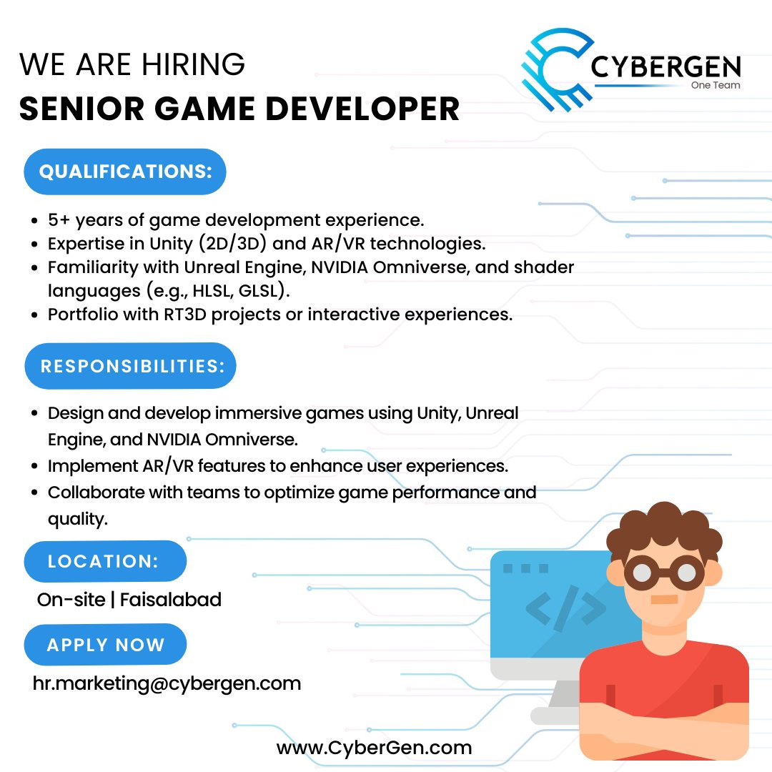 TheCyberGen's tweet photo. We're hiring a Senior Game Developer in Faisalabad. It’s a full-time, on-site role where your expertise will be instrumental in designing and developing immersive games.
 
Apply today and be a part of our great team!

#SeniorGameDeveloper #FaisalabadJobs #HiringAlert https://t.co/5zunFGip2B