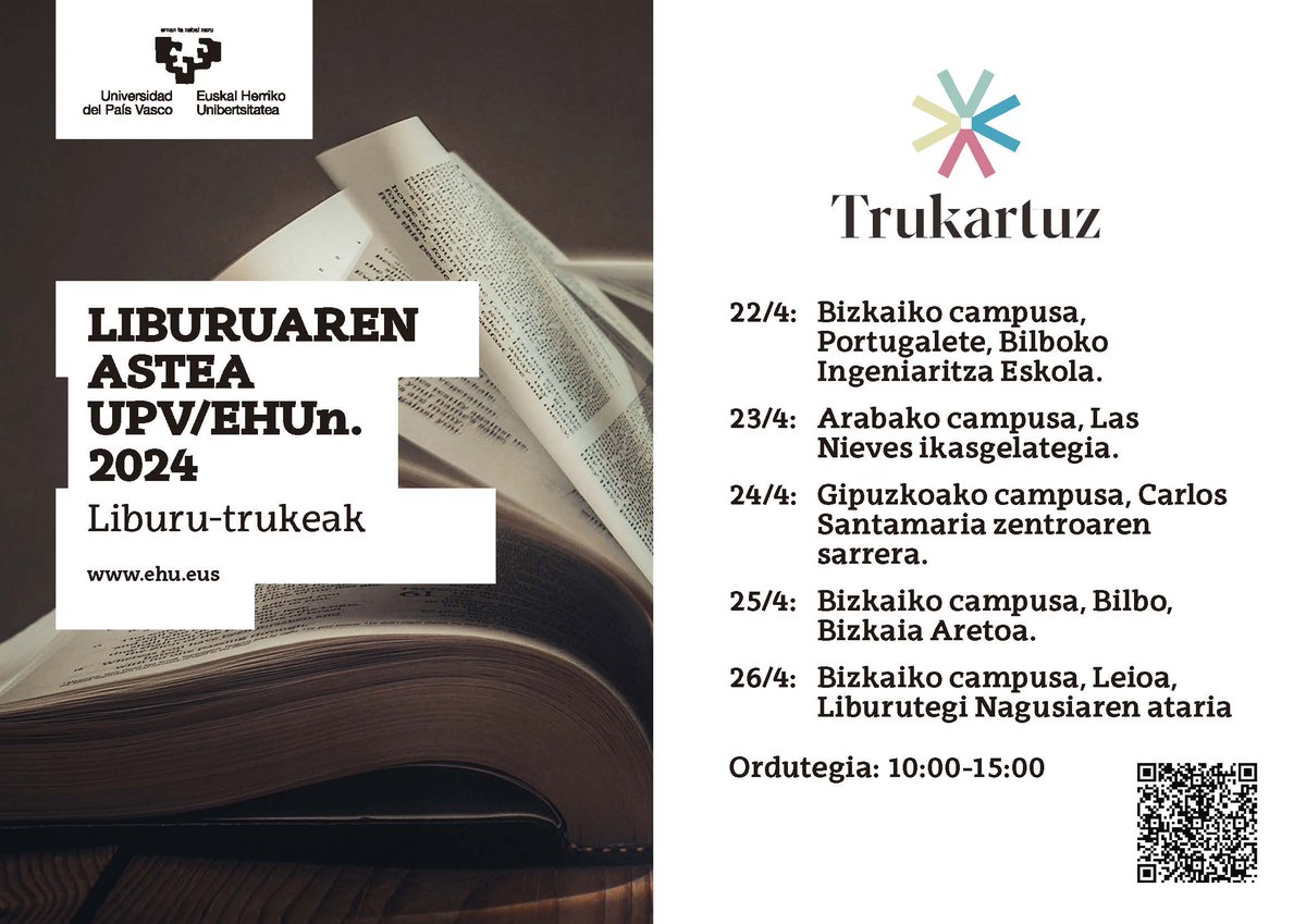 TRUKARTUZ. LIBURU-TRUKEA - Liburuaren Nazioarteko Eguna dela eta, UPV/EHUko Argitalpen Zerbitzuak eta EHUKulturak bultzatutako ekimena. Ekarri liburu bat eta trukean, beste bat hartu.