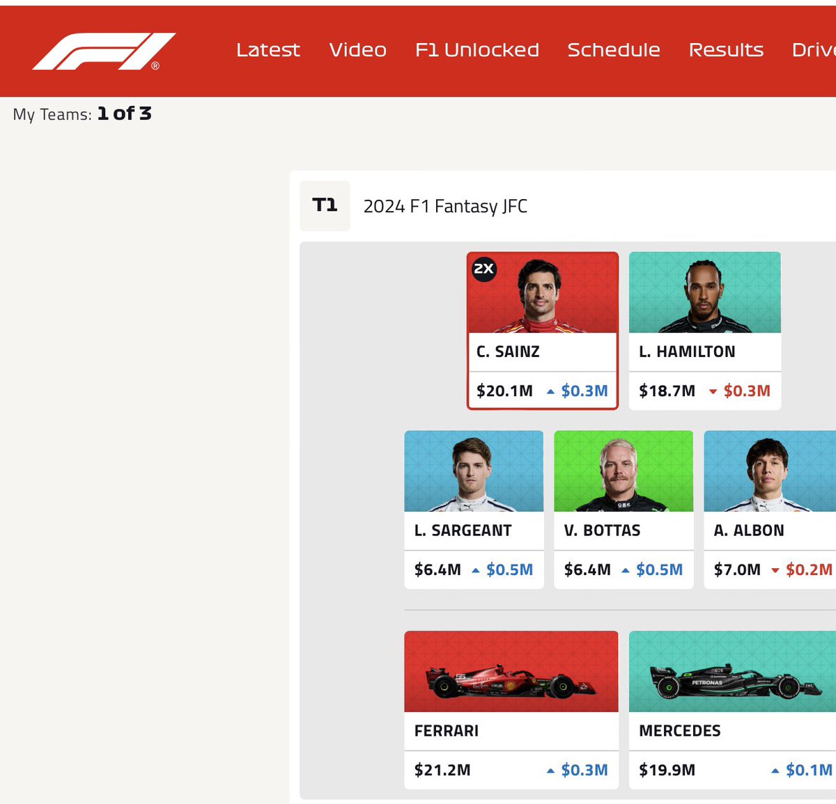 My #F1 #F1fantasy team for #ChineseGP #ChinaGP #Shannghai #LewisHamilton #CarlosSainz #ValtteriBottas #AlexAlbon #LoganSargeant #FerrariF1 #MercedesF1