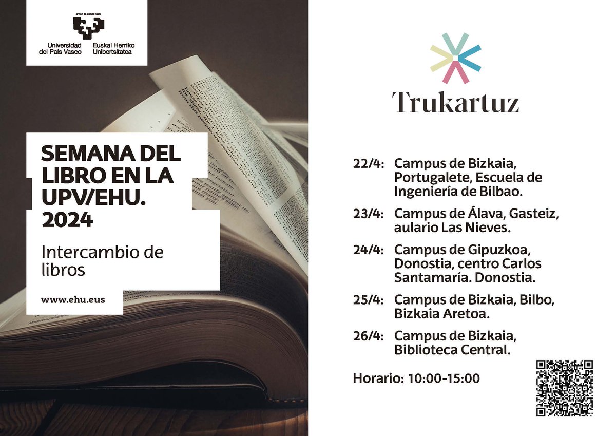 TRUKARTUZ. INTERCAMBIO DE LIBROS - Iniciativa impulsada por el Servicio Editorial de la UPV/EHU y EHUKultura con motivo del Día Internacional del Libro. Trae un libro y a cambio llévate otro.