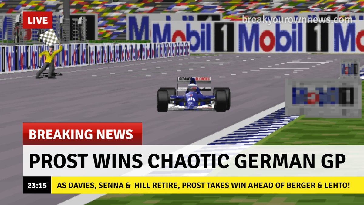 25/7/1993
#F1 Rd10/16 #GermanGP
3:25pm

🚨PROST WINS CHAOTIC RACE!

Alain #Prost claimed his 2nd win in 3 races after a chaotic race that saw rivals #GP2Joey, #Senna and #Hill each falter with Gerhard #Berger taking 2nd and the impressive #JJLehto ta brilliant 3rd! 
#RetroF1