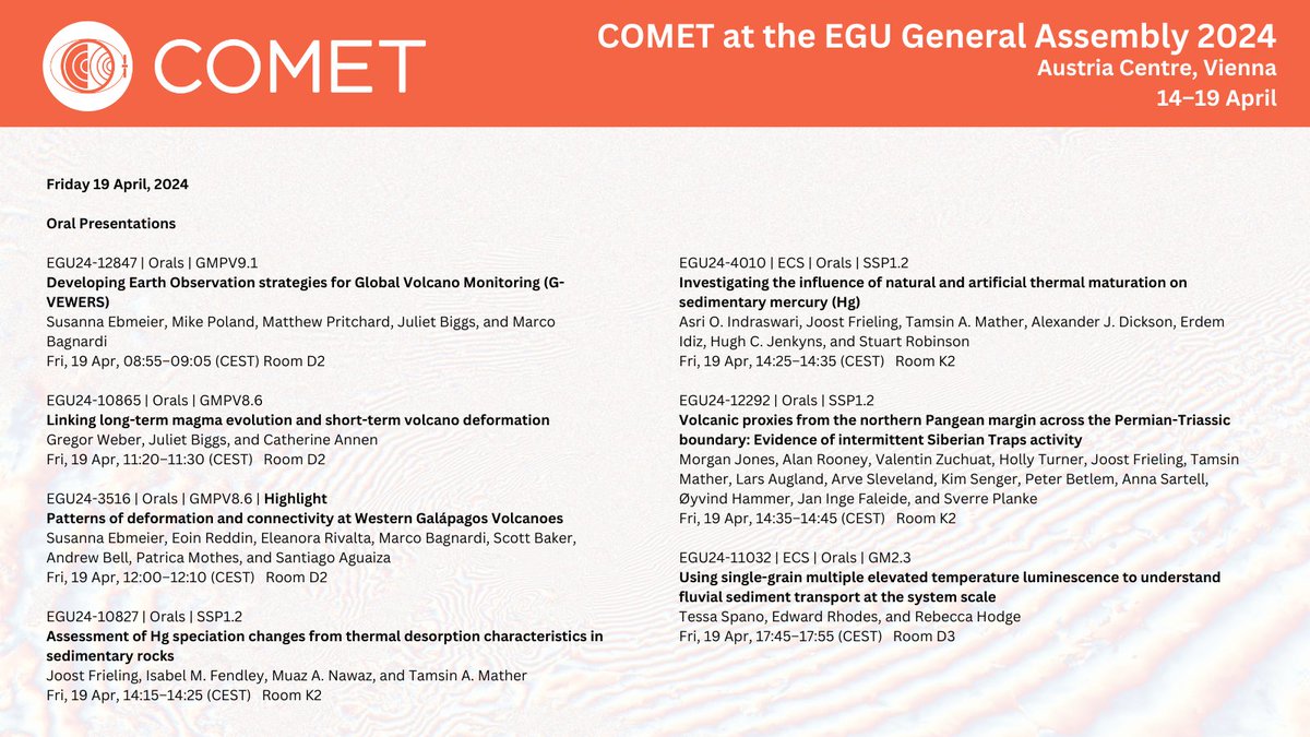 It's the final day of @NERC_COMET at #EGU24 and what a fantastic week we have had! Here's a selection of presentations taking place today. Follow @EuroGeosciences for updates and for full listings visit: meetingorganizer.copernicus.org/EGU24/meetingp…