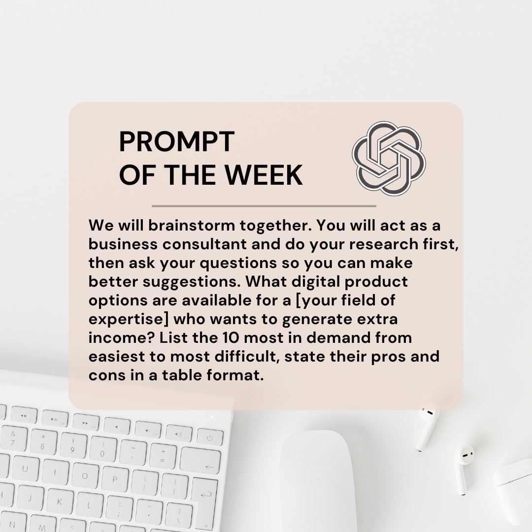 Start your Digital Product journey with the assistance of ChatGPT. Try this prompt to get its advice. 

#digitalproduct #promptoftheweek #chatgptprompts #aiforeveryone #aiforyounow #ai4u #etsyshopowner #smallbusinessowner #womenentrepreneur #leveragechatgpt