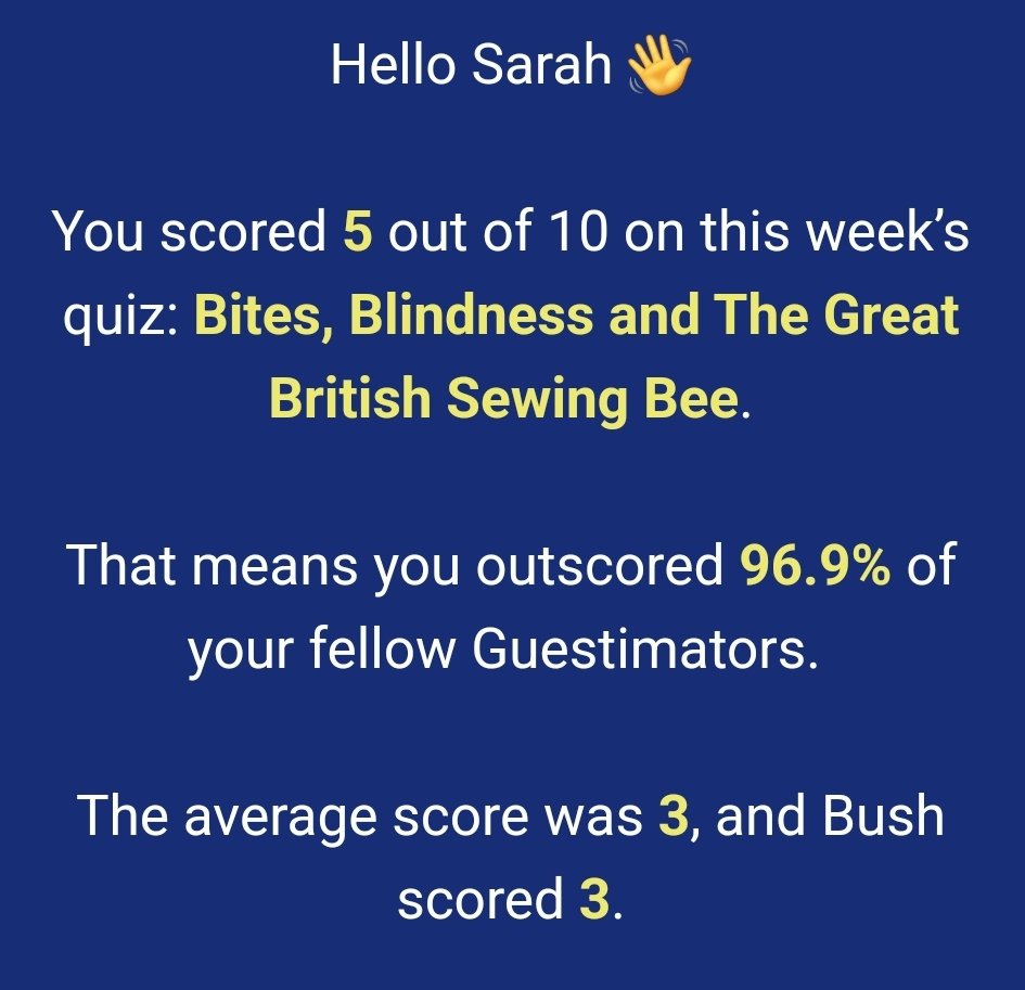 unwantedgherkin's tweet photo. @Guestimators @bushontheradio @Zafarcakes Not bad. Still beating Bush EVERY week 👍 #guestimators https://t.co/T7ppiy4cNK