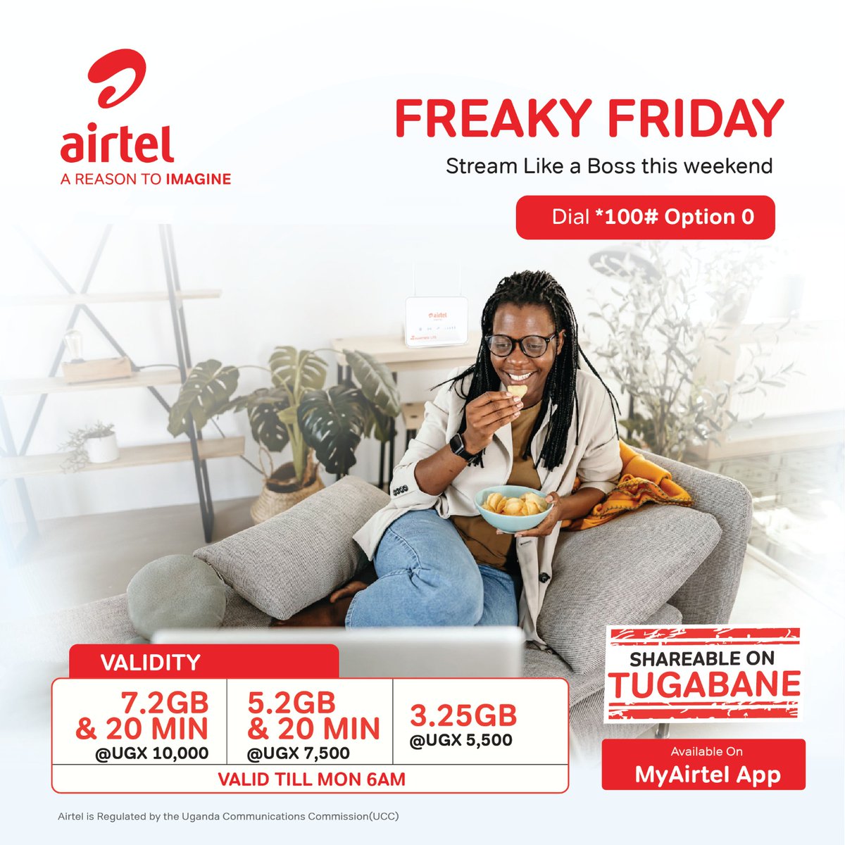 Unlock exclusive #FreakyFriday deals with Airtel! 🎉 Dial *100#, select option 0 or use the #MyAirtelApp to access special offers. Make your Friday fabulous with Airtel. Don't miss out! airtelafrica.onelink.me/cGyr/qgj4qeu2